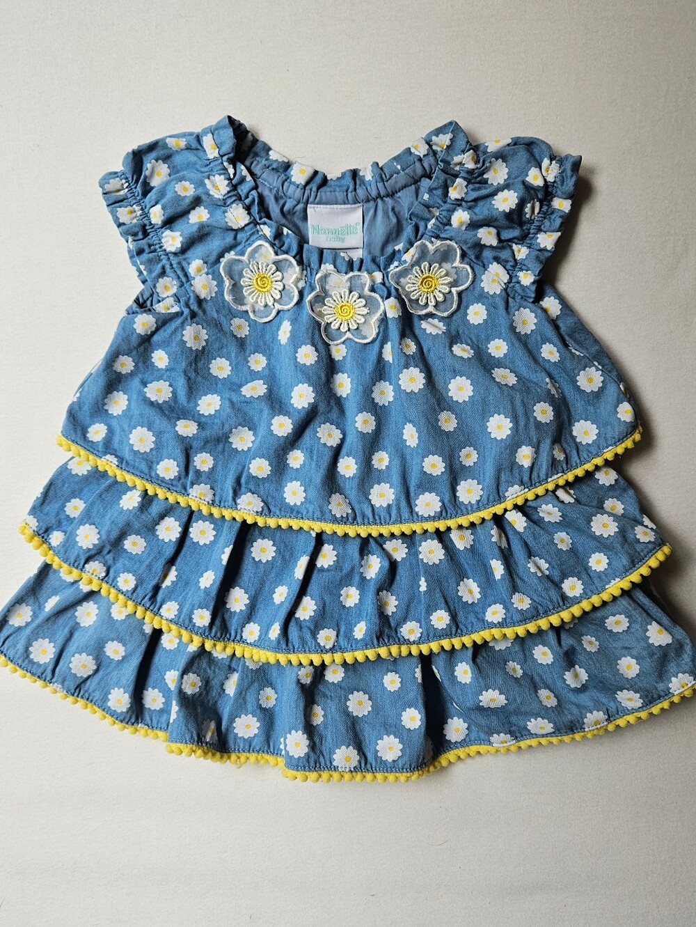 Nannette Baby 12M Chambray Blue Daisy Pompom Trim Cotton Dress